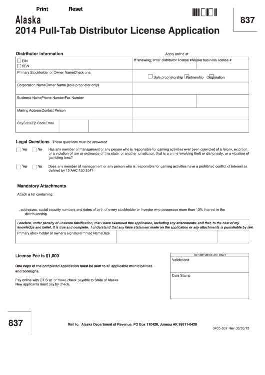 Fillable Form 0405-837 - Pull-Tab Distributor License Application - 2014 Printable pdf