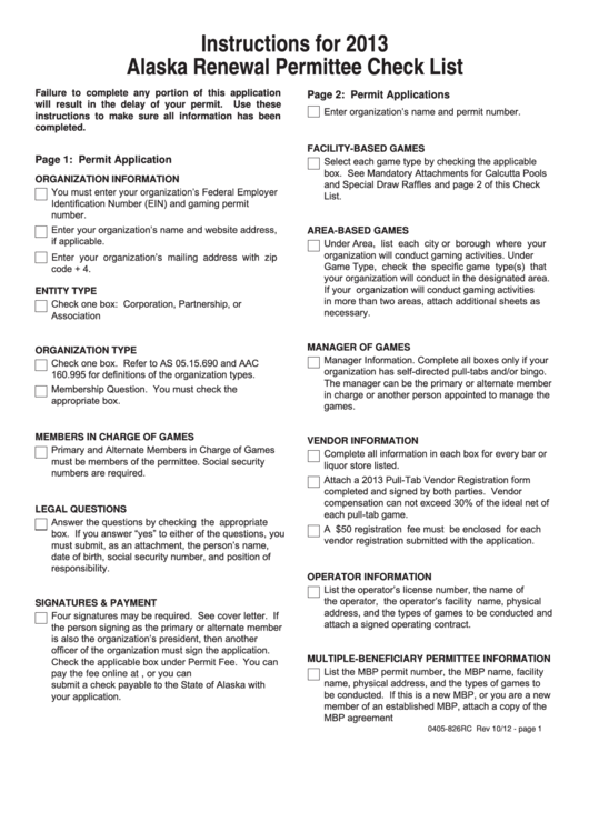 Instructions For 2013 Alaska Renewal Permittee Check List Printable pdf
