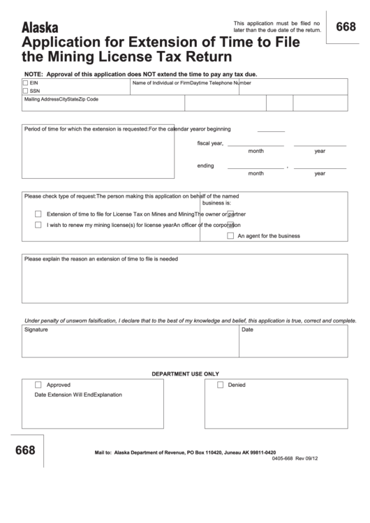 Fillable Form 0405-668 - Alaskaapplication For Extension Of Time To File The Mining License Tax Return Printable pdf
