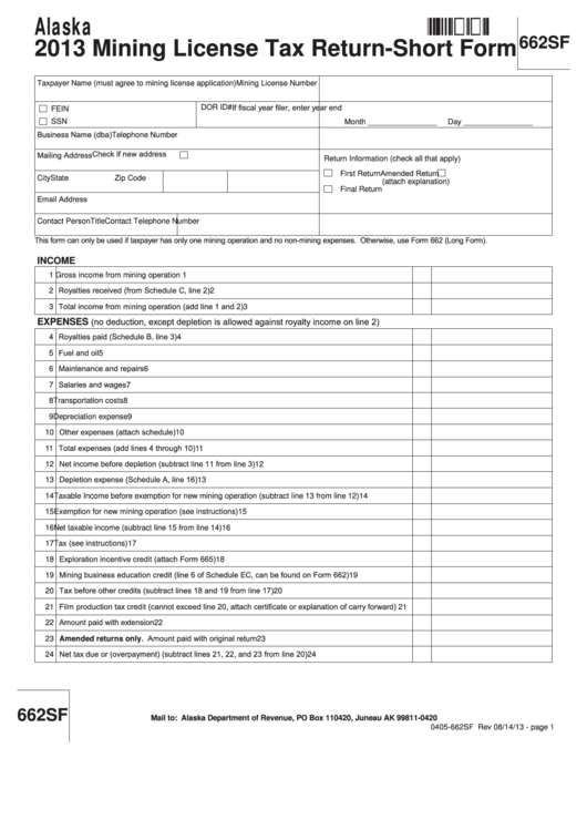 Form 0405-662sf - Mining License Tax Return-Short Form - 2013 Printable pdf