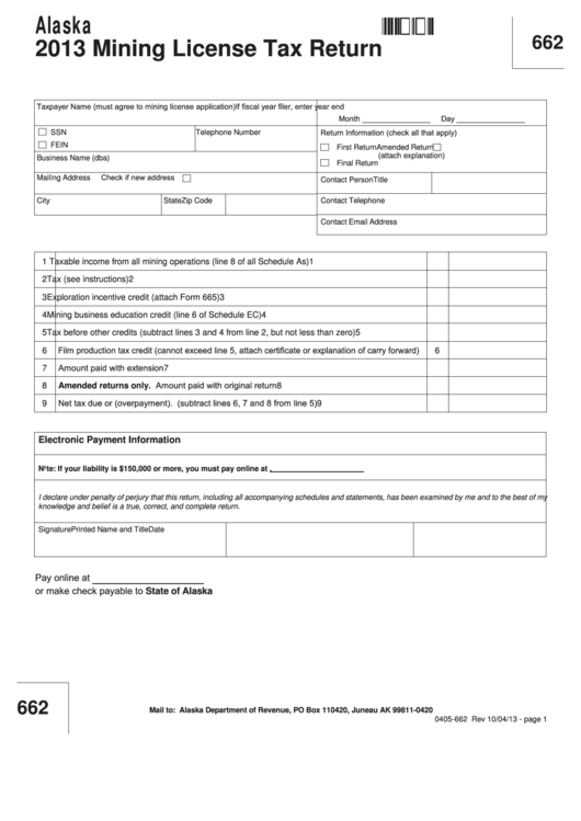 Form 0405-662 - Mining License Tax Return - 2013 Printable pdf