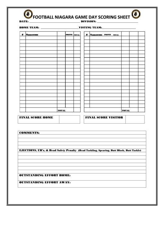 Football Game Day Scoring Sheet Printable pdf