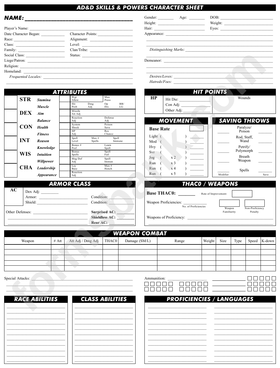 Download Ad&d Skills & Powers Character Sheet printable pdf download