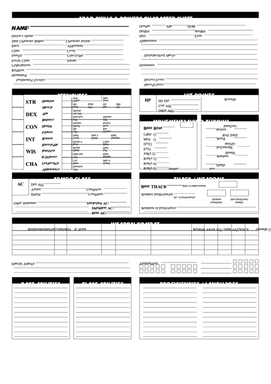 Ad&d Skills & Powers Character Sheet Printable pdf
