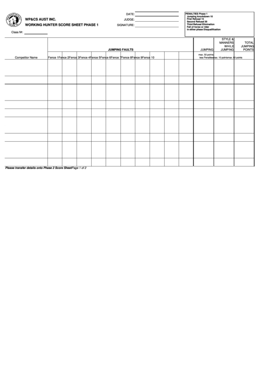 Working Hunter Score Sheet Printable pdf
