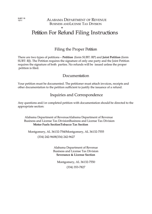 Petition For Refund Filing Instructions - Alabama Department Of Revenue Printable pdf