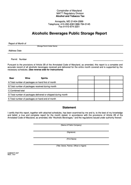 Fillable Form Com/att-027 - Alcoholic Beverages Public Storage Report Printable pdf