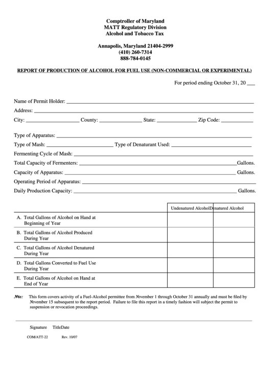 Fillable Form Com/att-22 - Report Of Production Of Alcohol For Fuel Use (Non-Commercial Or Experimental) Printable pdf
