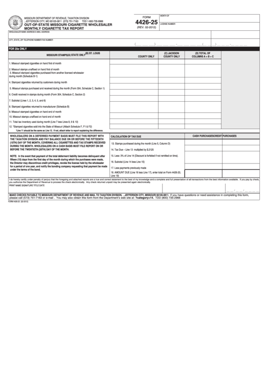 Fillable Form 4426-25 - Out-Of-State Missouri Cigarette Wholesaler Monthly Cigarette Tax Report Printable pdf