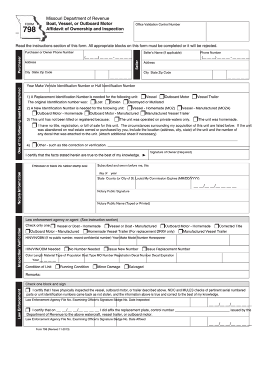 Fillable Form 798 - Boat, Vessel, Or Outboard Motor Affidavit Of Ownership And Inspection Printable pdf