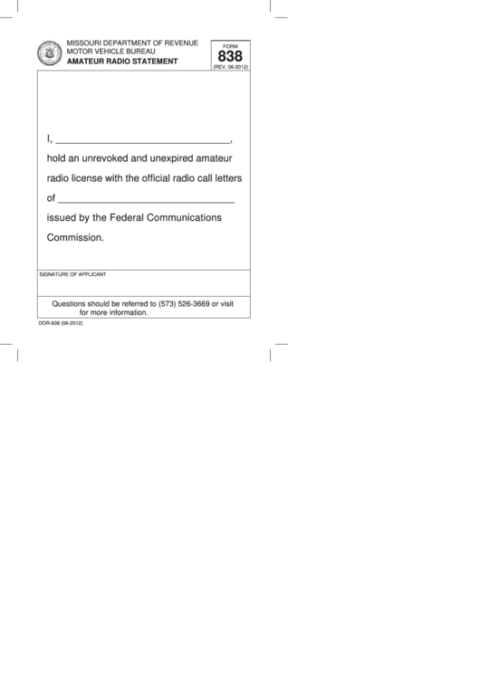 Fillable Form 838 - Amateur Radio Statement Printable pdf