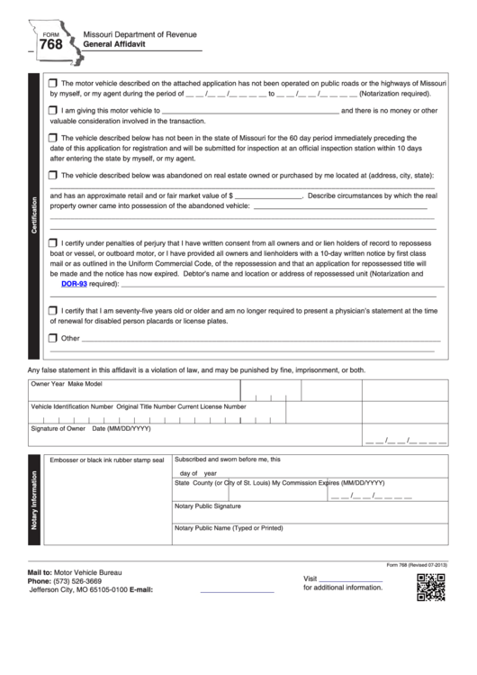 Fillable Form 768 - General Affidavit Printable pdf