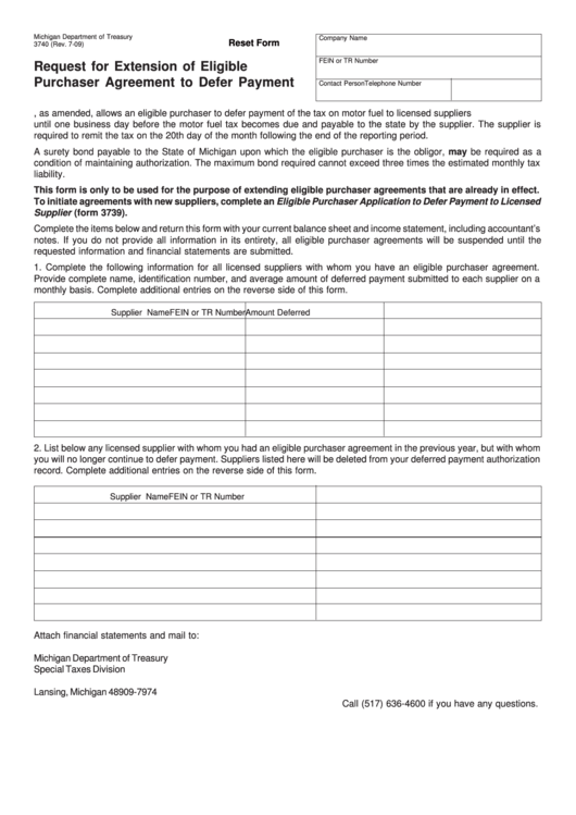 Fillable Form 3740 - Request For Extension Of Eligible Purchaser Agreement To Defer Payment Printable pdf