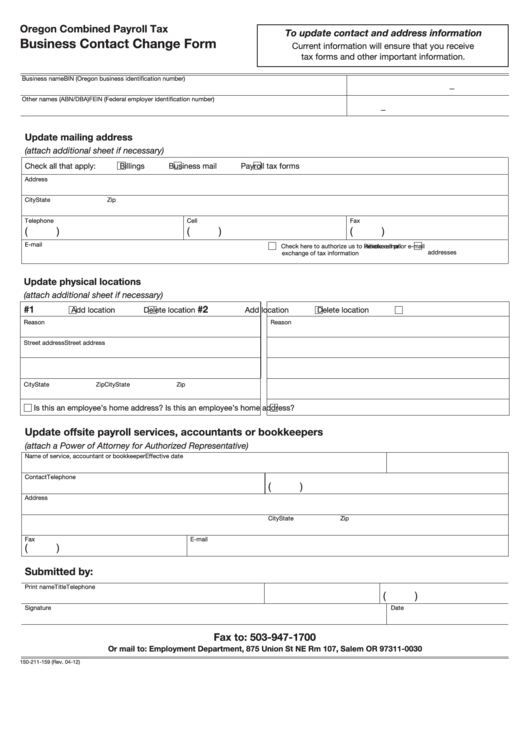 Fillable Form 150-211-159 - Business Contact Change Form Printable pdf