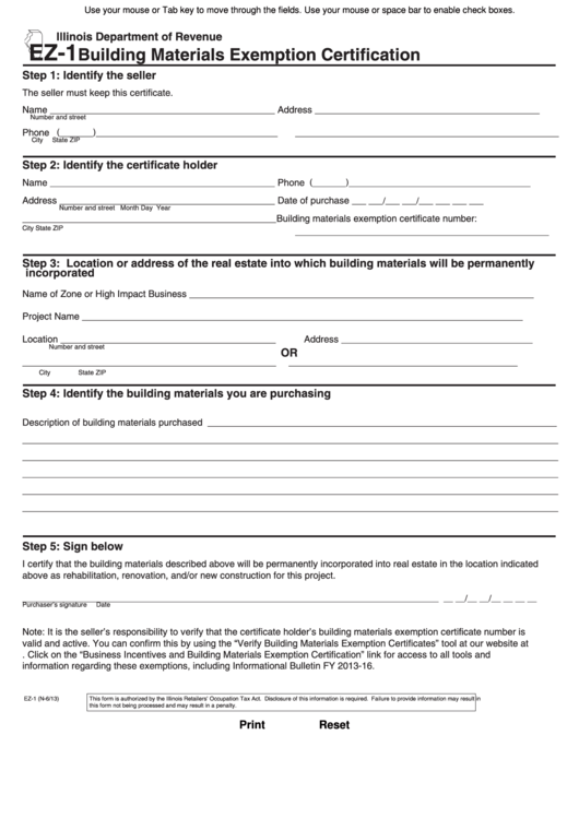 Fillable form ez 1 building materials exemption certification