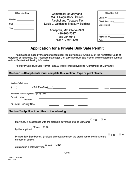 Fillable Form Com/att-020-3a - Application For A Private Bulk Sale Permit Printable pdf