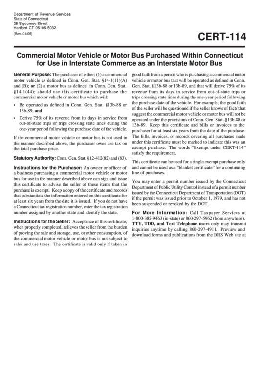 Form Cert-114 - Commercial Motor Vehicle Or Motor Bus Purchased Within Connecticut For Use In Interstate Commerce As An Interstate Motor Bus Printable pdf
