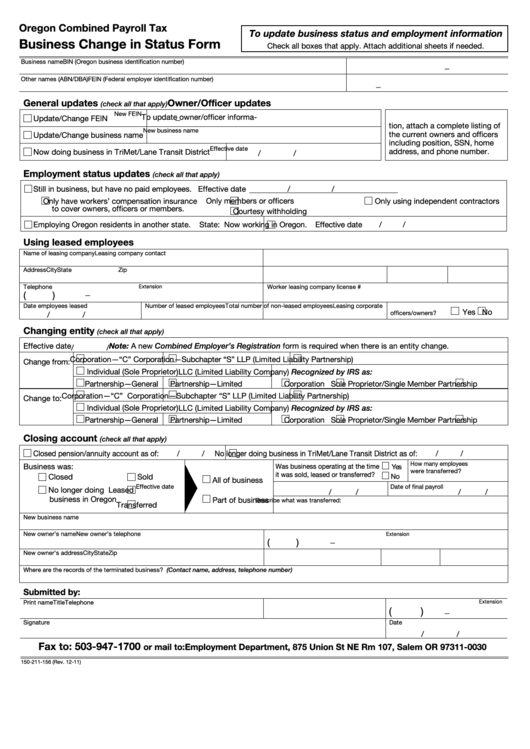 Fillable Form 150-211-156 - Business Change In Status Form Printable pdf