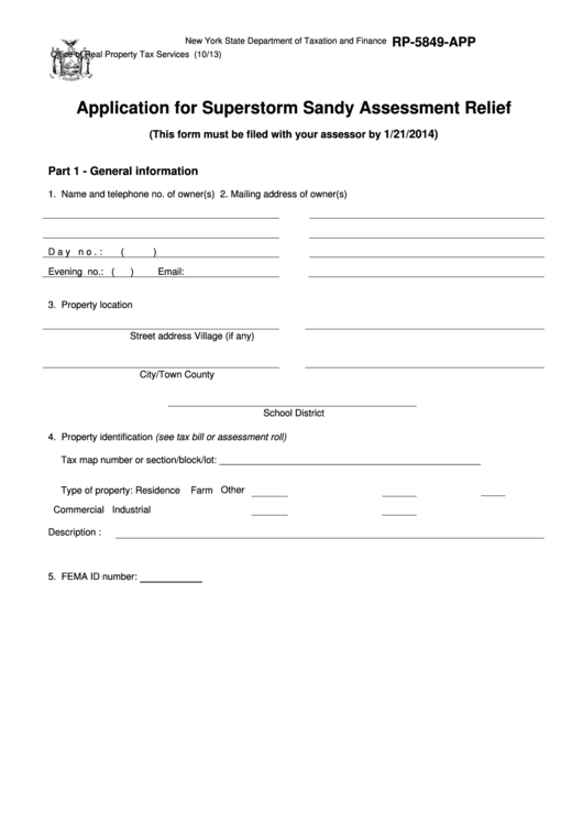 Fillable Form Rp-5849-App - Application For Superstorm Sandy Assessment Relief Printable pdf