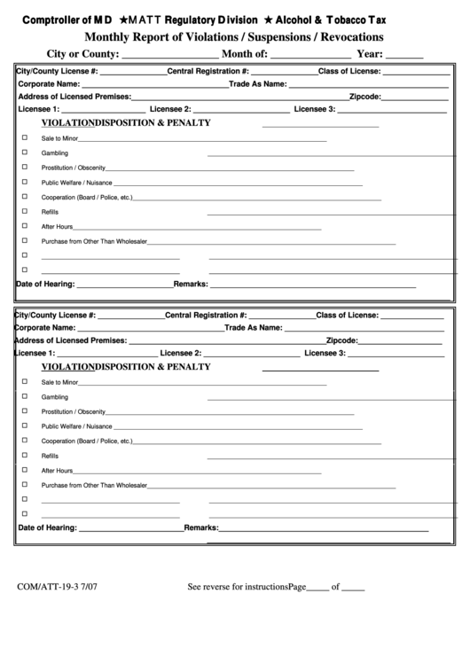 Fillable Form Com/att-19-3 - Monthly Report Of Violations / Suspensions / Revocations Printable pdf