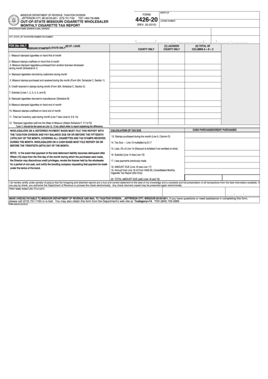 Fillable Form 4426-20 - Out-Of-State Missouri Cigarette Wholesaler Monthly Cigarette Tax Report Printable pdf