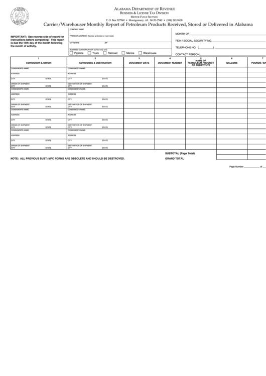 Fillable Carrier/warehouser Monthly Report Of Petroleum Products Received, Stored Or Delivered In Alabama - Alabama Department Of Revenue Printable pdf