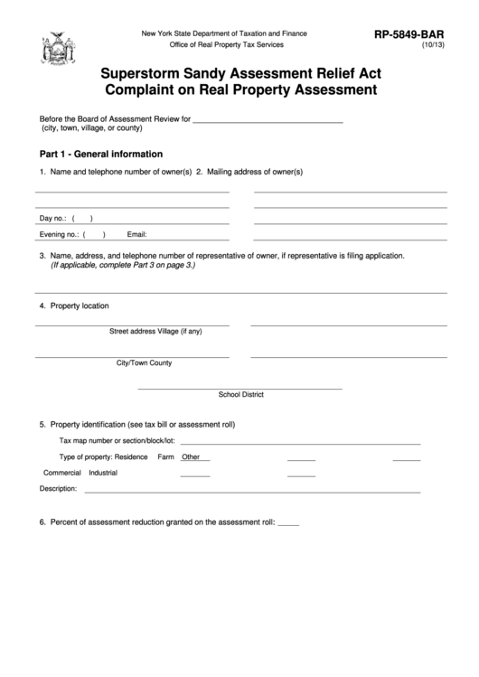 Fillable Form Rp-5849-Bar - Superstorm Sandy Assessment Relief Act Complaint On Real Property Assessment Printable pdf