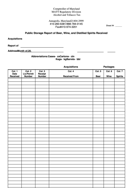 Fillable Form Com/att-027-1 - Public Storage Report Of Beer, Wine, And Distilled Spirits Received Printable pdf