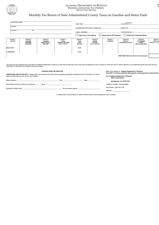 Fillable Monthly Tax Return Of State Administered County Taxes On Gasoline And Motor Fuels - Alabama Department Of Revenue Printable pdf