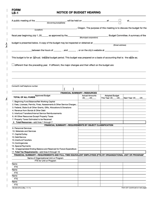 Fillable Form Lb-1 - Notice Of Budget Hearing Printable pdf