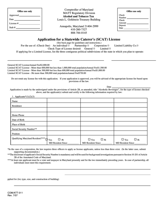Fillable Form Com/att-011 - Application For A Statewide Caterer