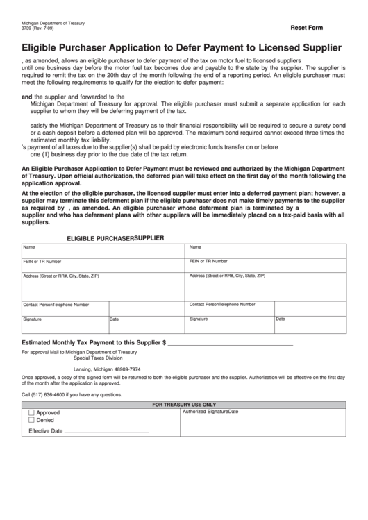 Fillable Form 3739 - Eligible Purchaser Application To Defer Payment To Licensed Supplier Printable pdf