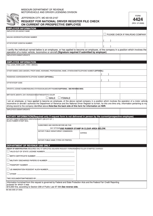 Fillable Form 4424 - Request For National Driver Register File Check On Current Or Prospective Employee Printable pdf