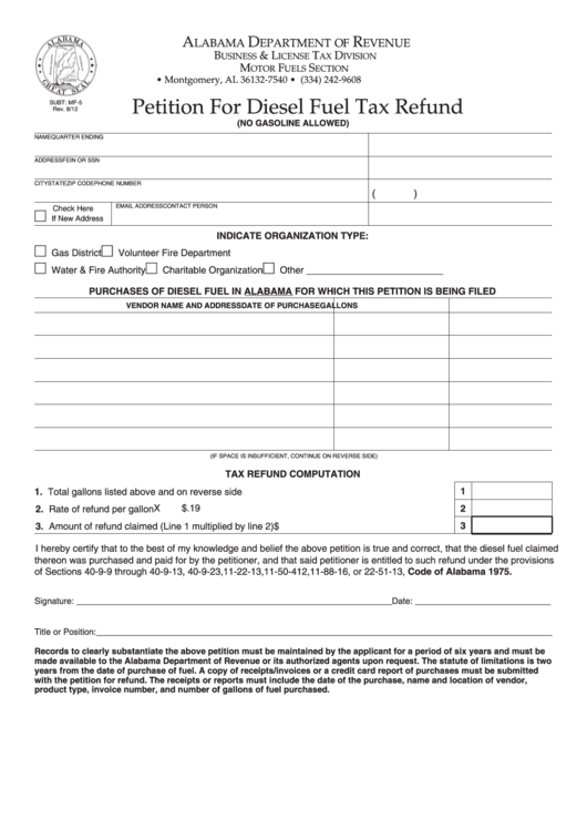 Fillable Petition For Diesel Fuel Tax Refund - Alabama Department Of Revenue Printable pdf