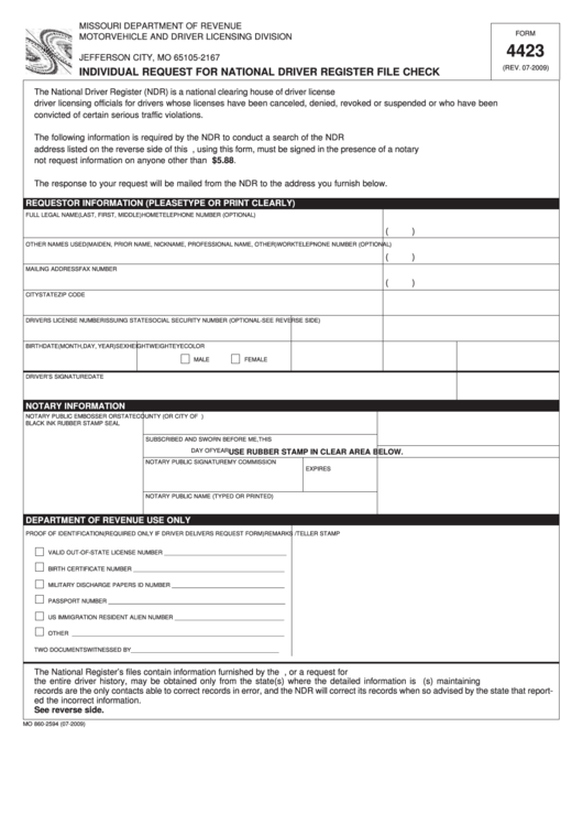 Fillable Form 4423 - Individual Request For National Driver Register File Check Printable pdf