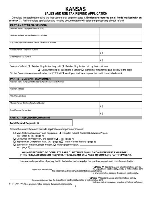 Fillable Form St-21 - Sales And Use Tax Refund Application Printable pdf