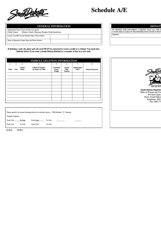 Schedule A/e - Vehicle Deletion Information - South Dakota Department Of Revenue Printable pdf