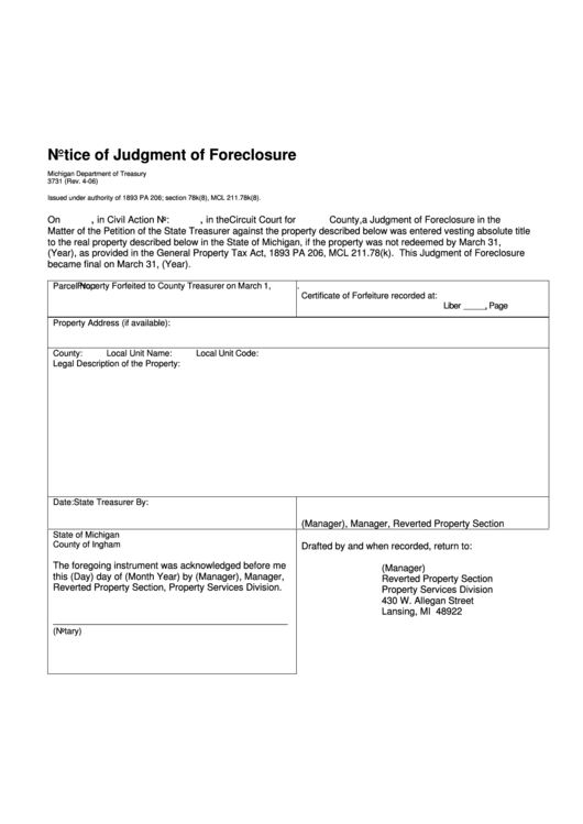 Form 3731 - Notice Of Judgment Of Foreclosure Printable pdf