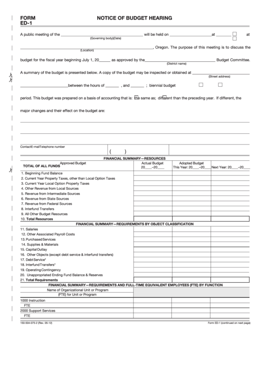 Fillable Form Ed-1 - Notice Of Budget Hearing Printable pdf