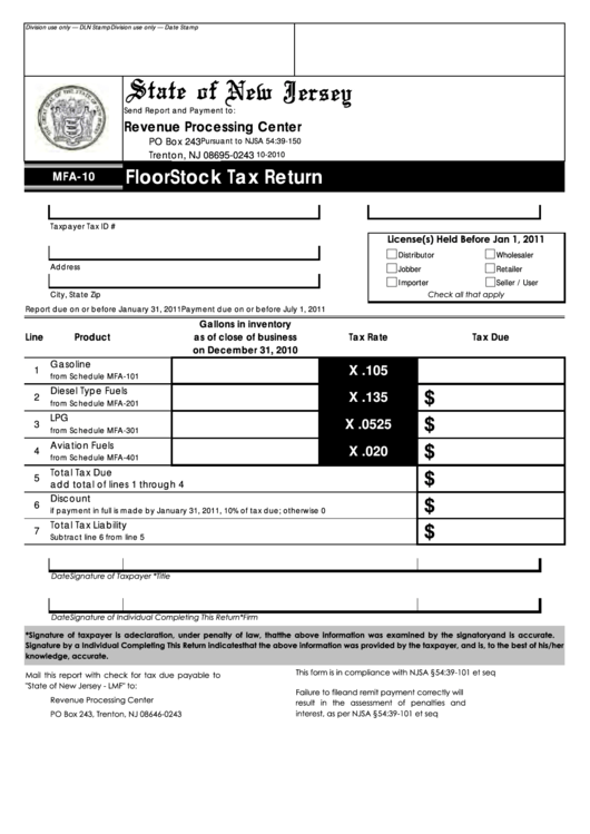 Fillable Form Mfa-10 - Floorstock Tax Return Printable pdf