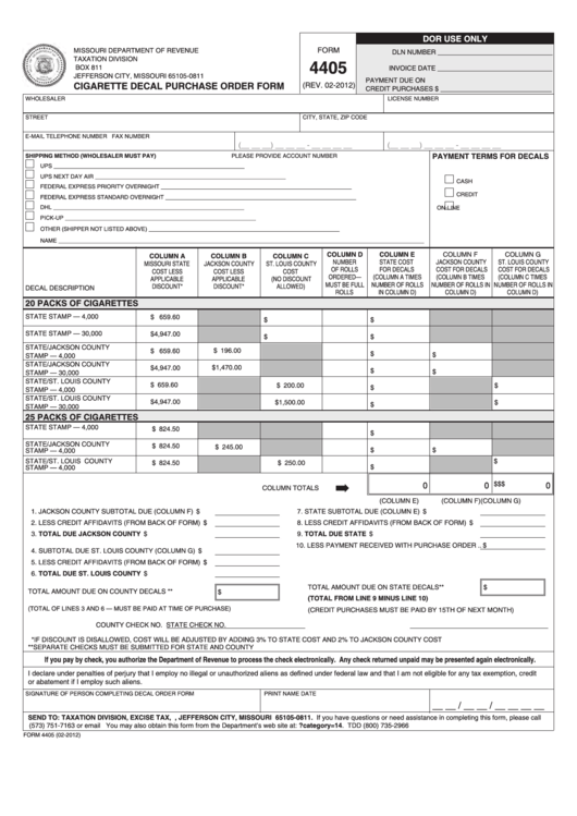 Fillable Form 4405 - Cigarette Decal Purchase Order Form Printable pdf