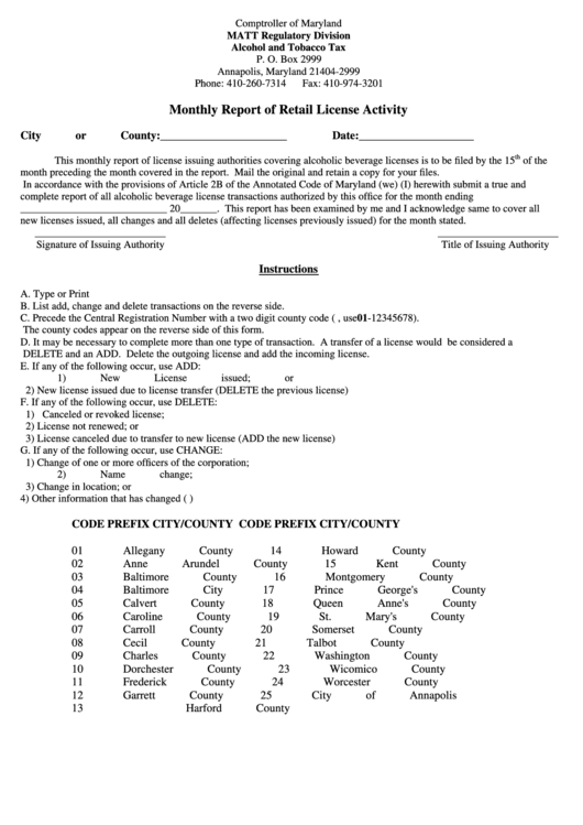 Fillable Form Com/att19 - Monthly Report Of Retail License Activity Printable pdf