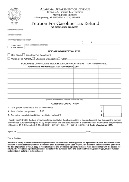 Fillable Petition For Gasoline Tax Refund - Alabama Department Of Revenue Printable pdf