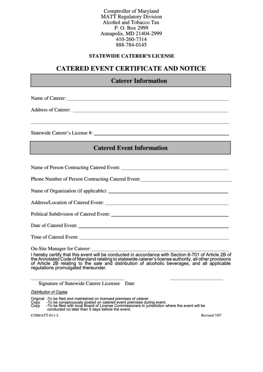 Fillable Form Com/att-011-2 - Catered Event Certificate And Notice Printable pdf