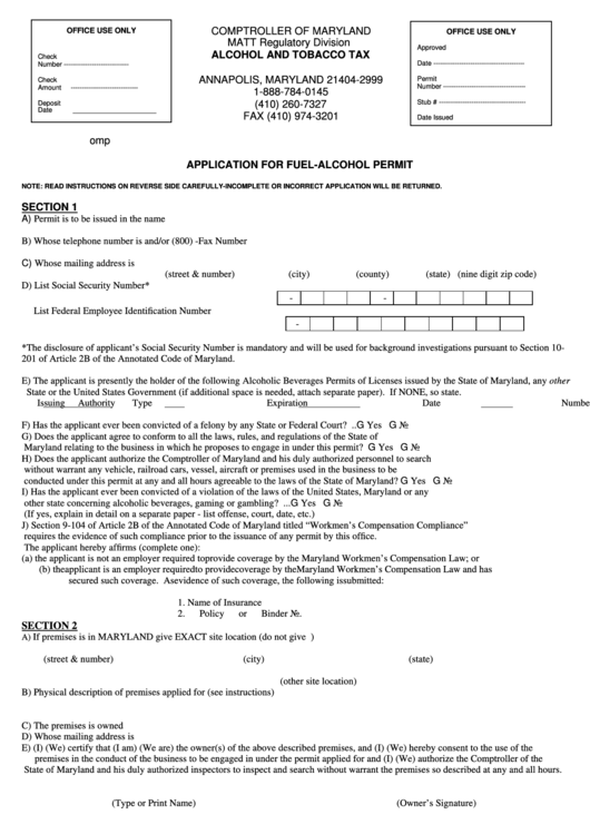 Fillable Form Com/att-010-6 - Application For Fuel-Alcohol Permit Printable pdf