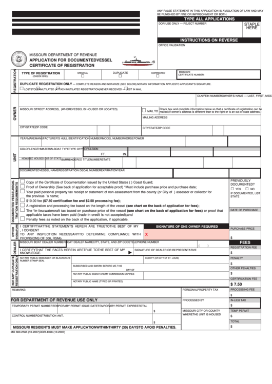 Fillable Form Mo 860-2566 - Application For Documented Vessel Certificate Of Registration Printable pdf