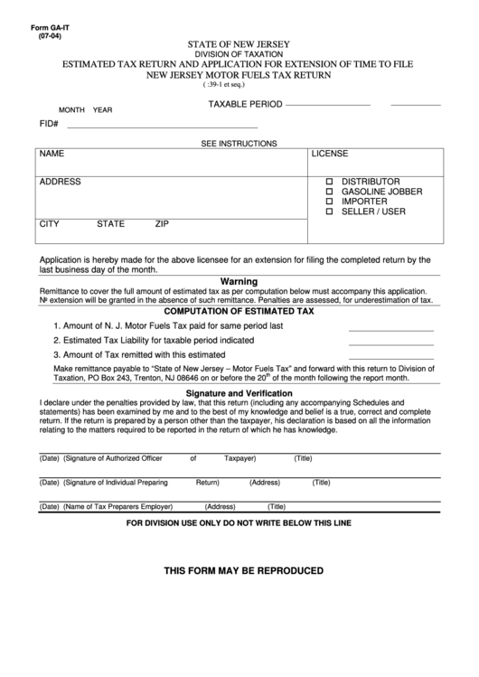 Fillable Form Ga-It - Estimated Tax Return And Application For Extension Of Time To File New Jersey Motor Fuels Tax Return Printable pdf