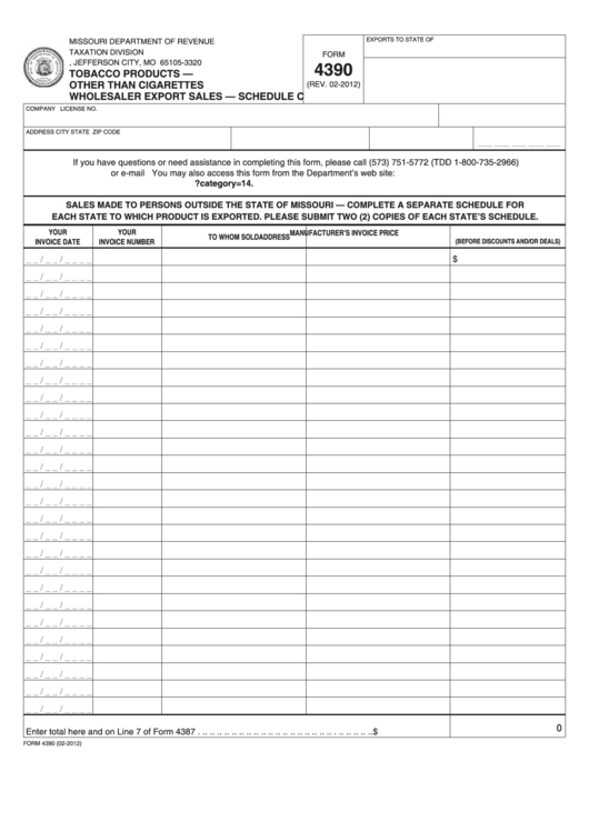 Fillable Schedule C (Form 4390) - Tobacco Products - Other Than Cigarettes Wholesaler Export Sales Printable pdf