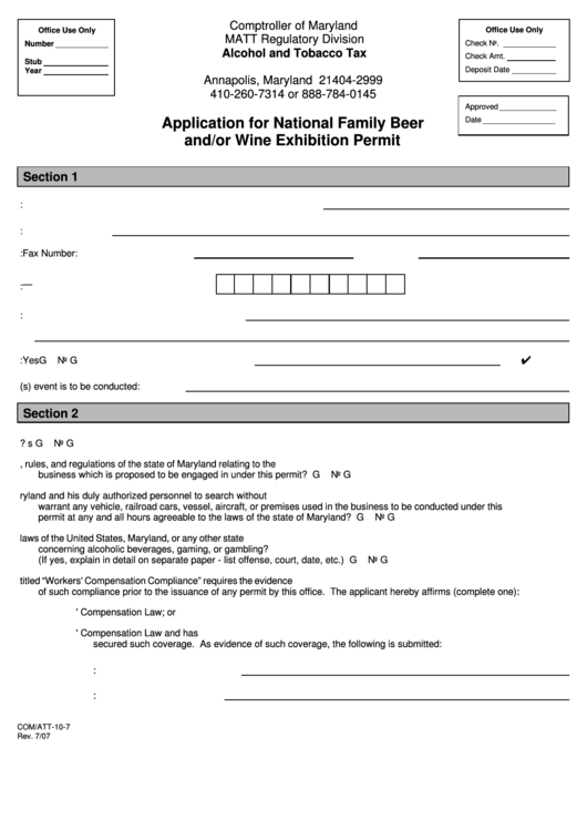 Fillable Form Com/att-10-7 - Application For National Family Beer And/or Wine Exhibition Permit Printable pdf