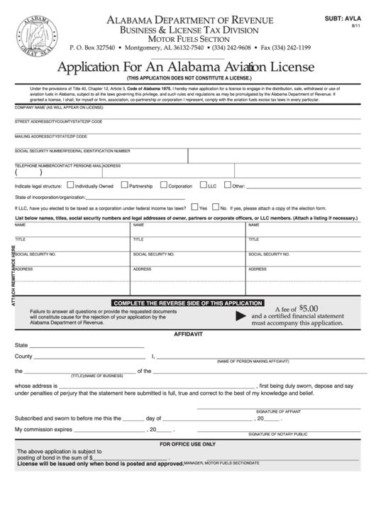 Fillable Application For An Alabama Aviation License - Alabama Department Of Revenue Printable pdf